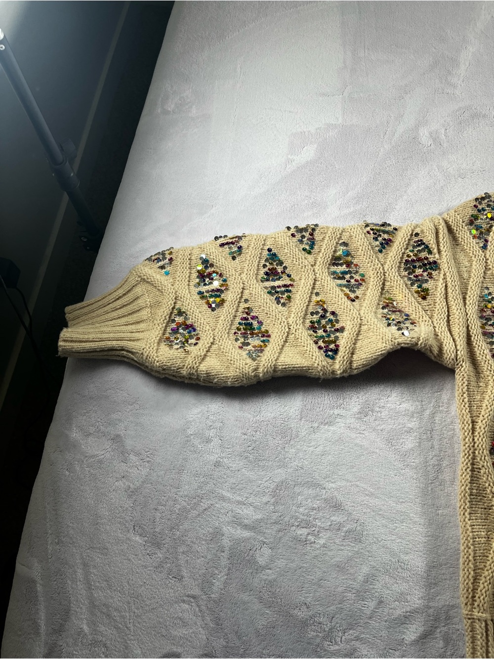 Bibi Beige Cable Knit Sweater with Multicolor Inset Multicolor Sequins Size XL - Picture 3 of 15